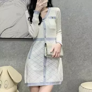 Женская мода осень-весна клетчатый принт с длинным рукавом и V-образным вырезом повседневные платья S белый