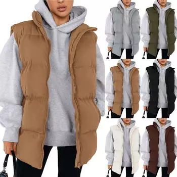 Женская мода осень жилеты повседневные без рукавов воротник стойка застежка куртка пальто теплая зимняя верхняя одежда L армия зеленый