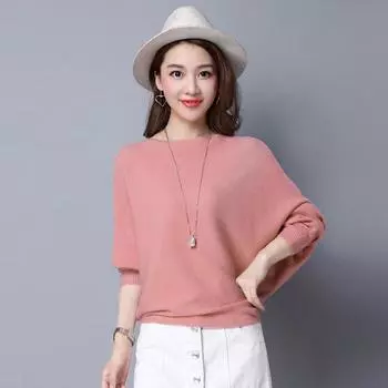 Женская мода осень-зима элегантный круглый вырез трикотажные свитера рукав летучая мышь пуловер круглый вырез тёмно-синий