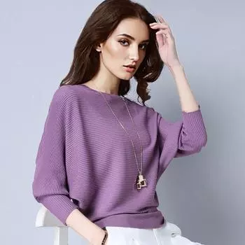 Женская мода осень-зима элегантный круглый вырез трикотажные свитера рукав летучая мышь пуловер круглый вырез розовый