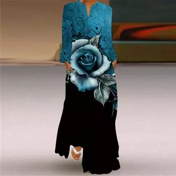 Женская мода осень-зима цветочный принт длинный рукав V-образный вырез свободные повседневные платья S