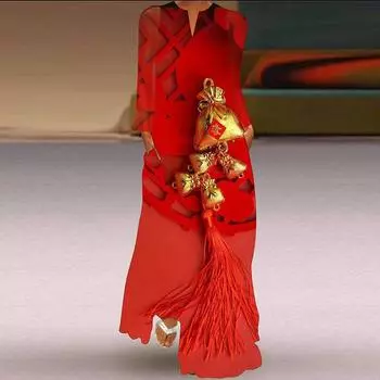 Женская мода осень-зима цветочный принт длинный рукав V-образный вырез свободные повседневные платья S