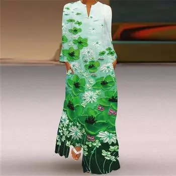 Женская мода осень-зима цветочный принт длинный рукав V-образный вырез свободные повседневные платья S