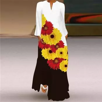 Женская мода осень-зима цветочный принт длинный рукав V-образный вырез свободные повседневные платья S