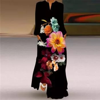 Женская мода осень-зима цветочный принт длинный рукав V-образный вырез свободные повседневные платья S