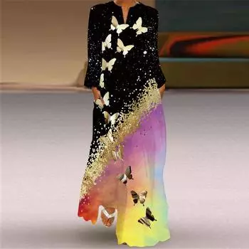 Женская мода осень-зима цветочный принт длинный рукав V-образный вырез свободные повседневные платья S