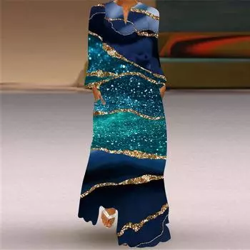 Женская мода осень-зима цветочный принт длинный рукав V-образный вырез свободные повседневные платья S