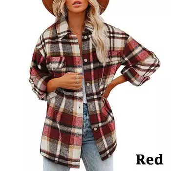 Женская мода осень-зима классическая клетчатая рубашка на пуговицах с цветными блоками куртка с длинным рукавом повседневное шерстяное пальто уличная одежда свободная куртка-бомбер больших размеров 3XL красный