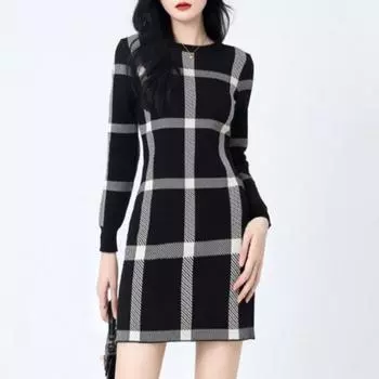 Женская мода осень-зима клетчатый принт с длинным рукавом и круглым вырезом облегающие повседневные платья S чёрный