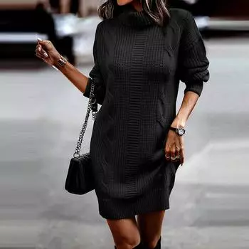 Женская мода осень/зима однотонное платье-свитер с высоким воротником и длинными рукавами XL