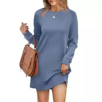 Женская мода осень-зима однотонный принт длинный рукав О-образный вырез свободные повседневные платья S белый