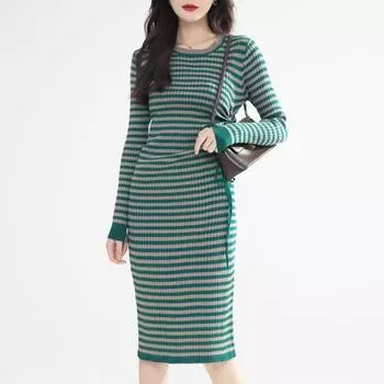 Женская мода осень-зима полосатый принт длинный рукав O-образный вырез тонкие повседневные платья S зелёный