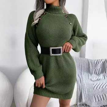 Женская мода осень-зима пуговицы водолазка с длинным рукавом база универсальный трикотажный свитер платье S армия зеленый