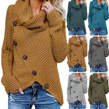 Женская мода осень-зима с длинным рукавом на пуговицах нерегулярный вязаный свитер S серый