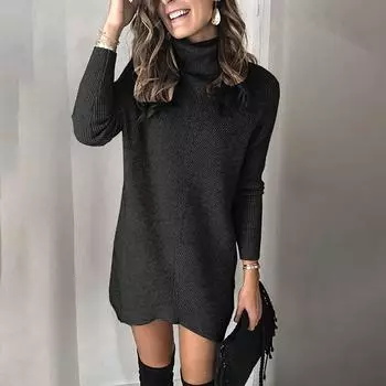 Женская мода осень/зима с двумя лацканами и полым пуловером, платье-свитер XXL