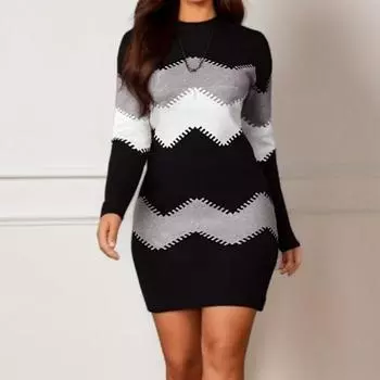 Женская мода осень-зима сплошной цвет печати с длинным рукавом и круглым вырезом с высокой талией повседневные платья S розовый