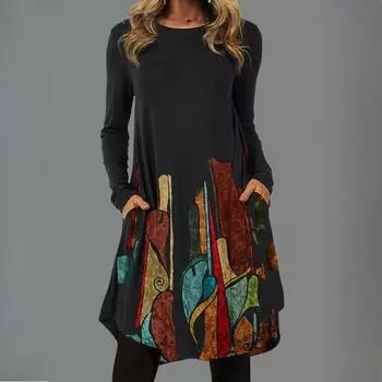 Женская мода осень-зима сплошной цвет печати с длинным рукавом и круглым вырезом с высокой талией повседневные платья S