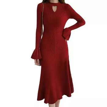 Женская мода осень-зима сплошной цвет печати с длинным рукавом и круглым вырезом с высокой талией повседневные платья S чёрный