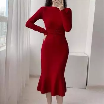 Женская мода осень-зима сплошной цвет печати с длинным рукавом и круглым вырезом с высокой талией повседневные платья S чёрный