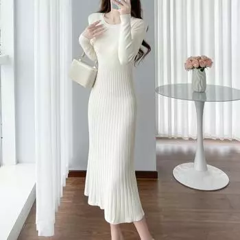 Женская мода осень-зима сплошной цвет печати с длинным рукавом и круглым вырезом с высокой талией повседневные платья S абрикосовый