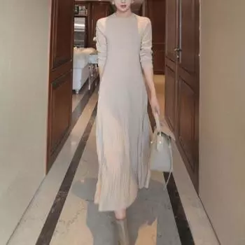 Женская мода осень-зима сплошной цвет печати с длинным рукавом и круглым вырезом с высокой талией повседневные платья M хаки