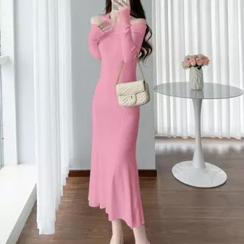 Женская мода осень-зима сплошной цвет печати с длинным рукавом и круглым вырезом с высокой талией повседневные платья S абрикосовый