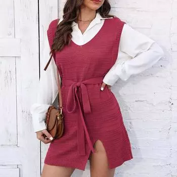 Женская мода осень зима стиль ремешок разрез V-образный вырез однотонный свитер жилет S хаки