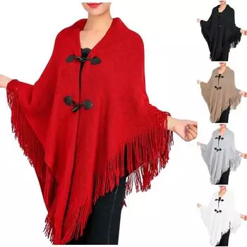 Женская мода осень/зима, толстая накидка с кисточками, однотонная накидка с пряжкой и рогом, пальто One Size хаки