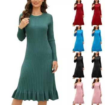Женская мода осень-зима тонкий трикотажный пуловер средней длины с оборками плиссированное платье с защипами L чёрный