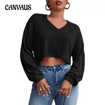Женская мода осень-зима топ однотонный V-образный вырез укороченный трикотаж с длинными рукавами S чёрный