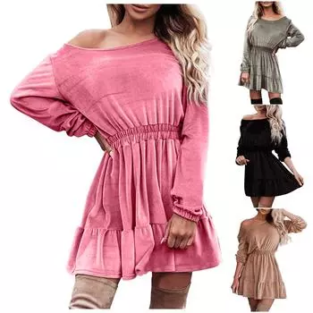 Женская мода осенне-зимнее новое тонкое однотонное платье с длинными рукавами и рюшами M чёрный