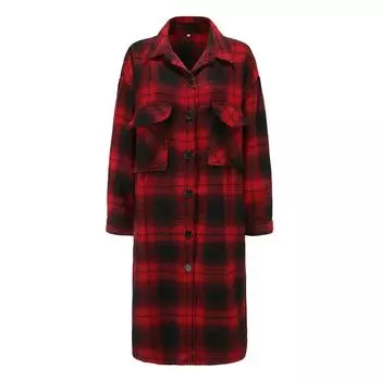Женская мода, осенне-зимний новый длинный кардиган в клетку с длинными рукавами и пуговицами, верхняя одежда с открытым передом винный
