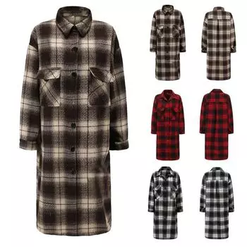 Женская мода, осенне-зимний новый длинный кардиган в клетку с длинными рукавами и пуговицами, верхняя одежда с открытым передом M винный