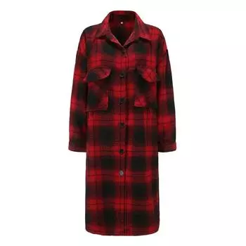 Женская мода, осенне-зимний новый длинный кардиган в клетку с длинными рукавами и пуговицами, верхняя одежда с открытым передом S винный