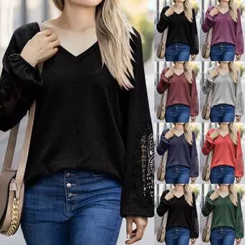 Женская мода осенне-зимний однотонный кружевной вязаный топ с v-образным вырезом и длинными рукавами XL винный