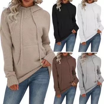 Женская мода осенне-зимний однотонный теплый свитер с карманом и капюшоном S хаки