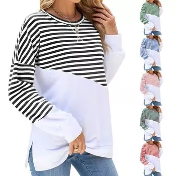 Женская мода, осенне-зимняя новая однотонная толстовка с длинными рукавами и круглым вырезом в контрастную полоску L розовый