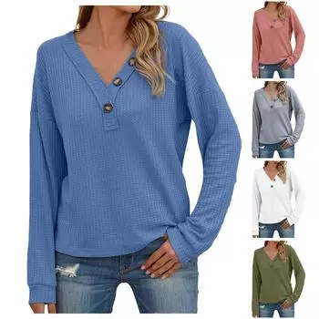 Женская мода осенне-зимняя новая повседневная свободная футболка с длинным рукавом и v-образным вырезом