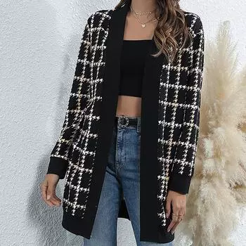 Женская мода осенне-зимняя вязаная куртка-кардиган с длинными рукавами и принтом M чёрный