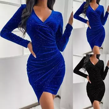 Женская мода осеннее и зимнее сексуальное бархатное платье с v-образным вырезом, маленькое платье M синий