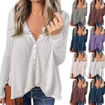 Женская мода, осенний свободный повседневный топ с длинным рукавом и воротником на пуговицах XXL синий