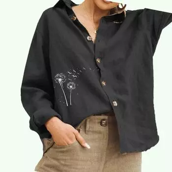 Женская мода отложной воротник блузка дамы принт хлопок лен топ повседневная рубашка на пуговицах S белый