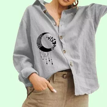 Женская мода отложной воротник блузка дамы принт хлопок лен топ повседневная рубашка на пуговицах S белый