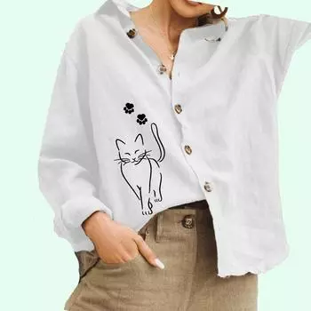Женская мода отложной воротник рубашка повседневный кошачий принт хлопок льняной топ женская блузка на пуговицах S белый
