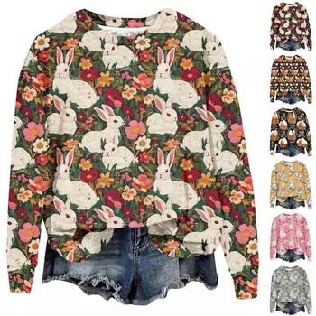 Женская мода Пасха Печатный Длинный рукав Свободный круглый вырез Толстовка Топ L