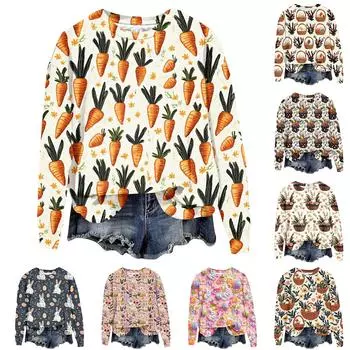 Женская мода Пасха Печатный Длинный рукав Свободный круглый вырез Толстовка Топ M коричневый