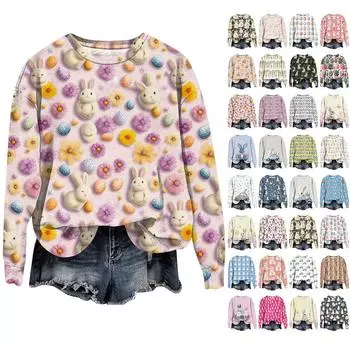 Женская мода Пасха Печатный Длинный рукав Свободный круглый вырез Толстовка Топ Осень M