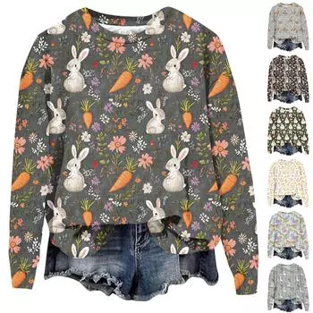Женская мода Пасха Печатный Длинный рукав Свободный круглый вырез Толстовка Топ XXL оранжевый