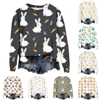 Женская мода Пасха Печатный Длинный рукав Свободный круглый вырез Толстовка Топ S розовый