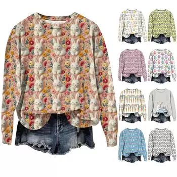 Женская мода Пасха Печатный Длинный рукав Свободный круглый вырез Толстовка Топ Осень M бежевый